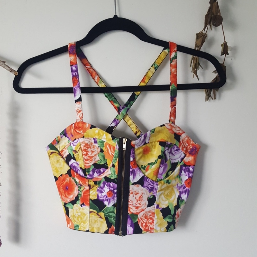 Zip front floral bustier crop top